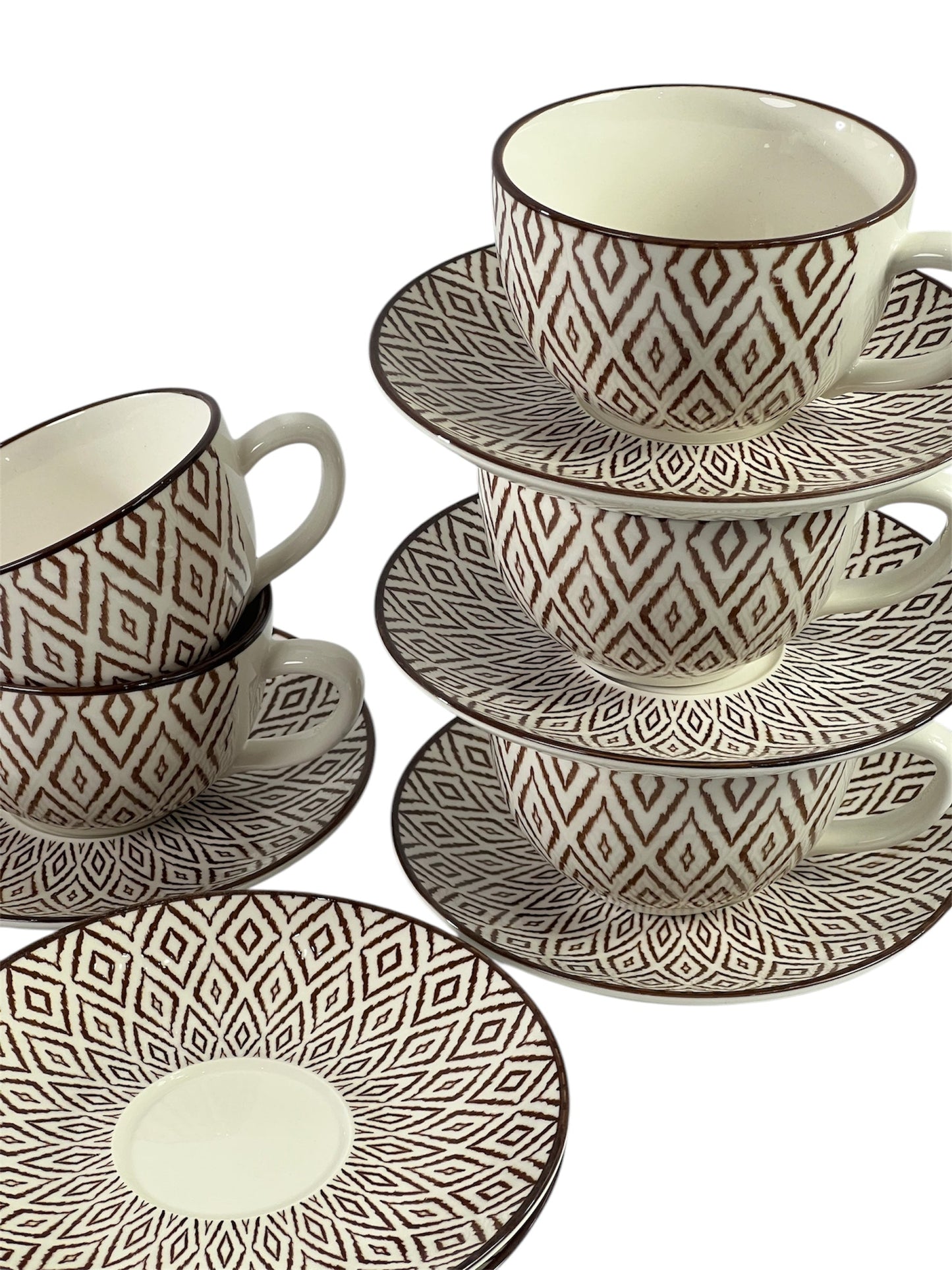 Earth tone cups and saucers